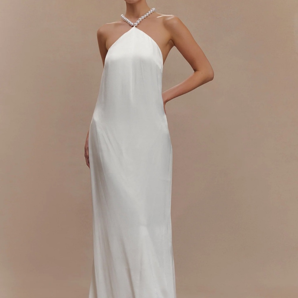 Meshki Blanche White Satin Pearl Halter Maxi Dress